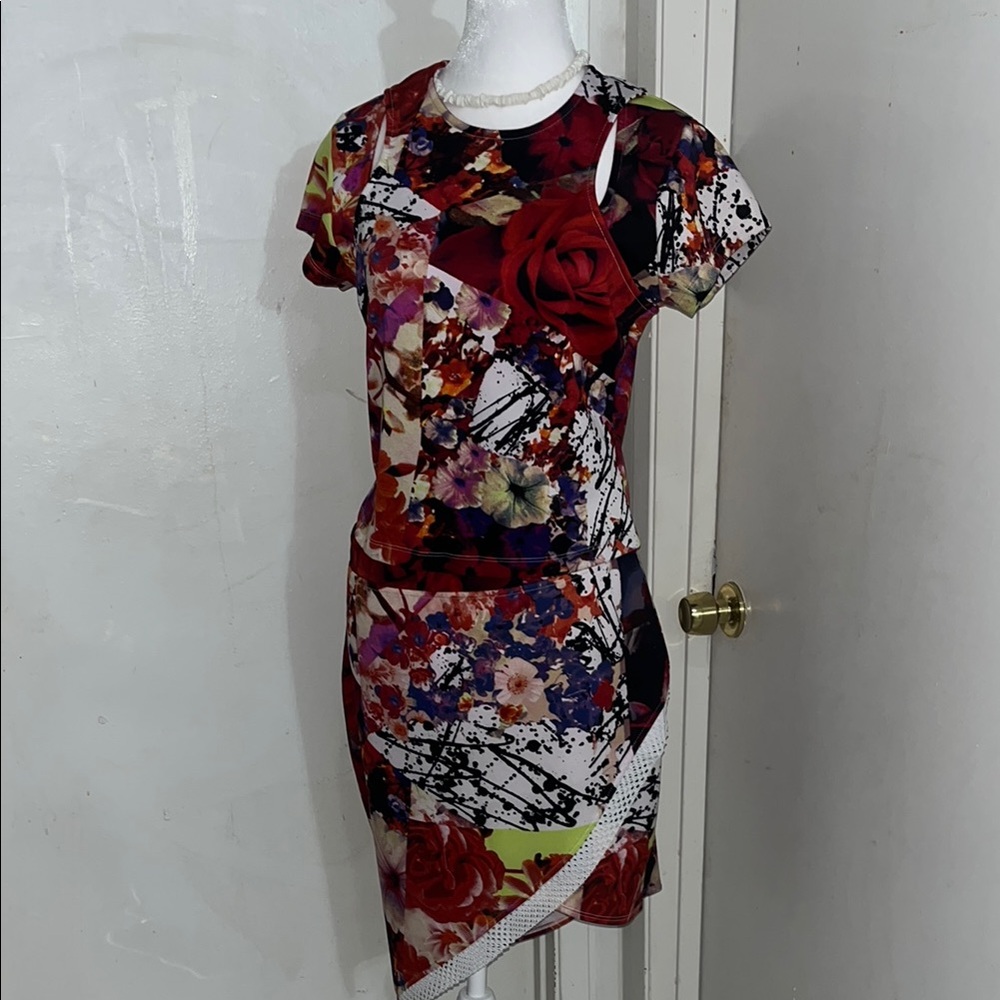 BONGO Red and Blue Asymmetrical Ruched Cocktail Skirt and Top set